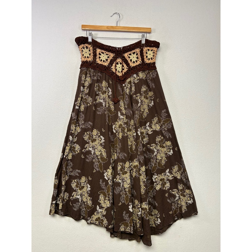 Boho Hippie Festival Womens L Brown Crochet Granny Square Butterfly Maxi Skirt